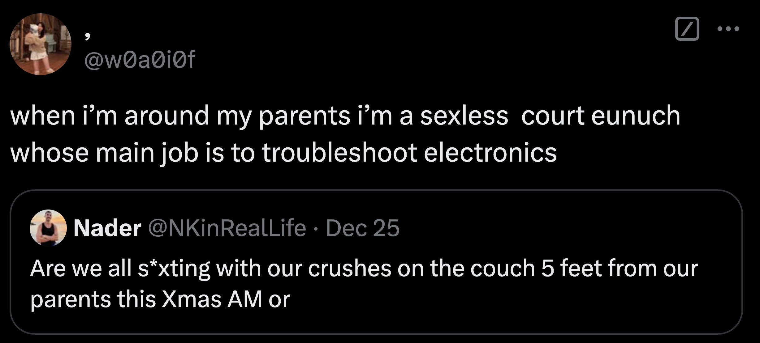 screenshot - when i'm around my parents i'm a sexless court eunuch whose main job is to troubleshoot electronics Nader Dec 25 Are we all sxting with our crushes on the couch 5 feet from our parents this Xmas Am or